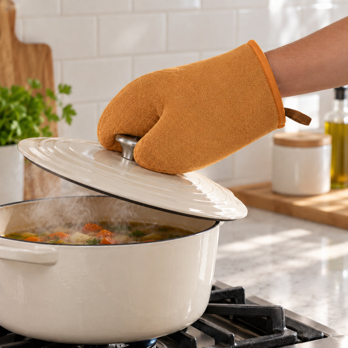 Reusable kitchen oven mitt with hanging loop 4