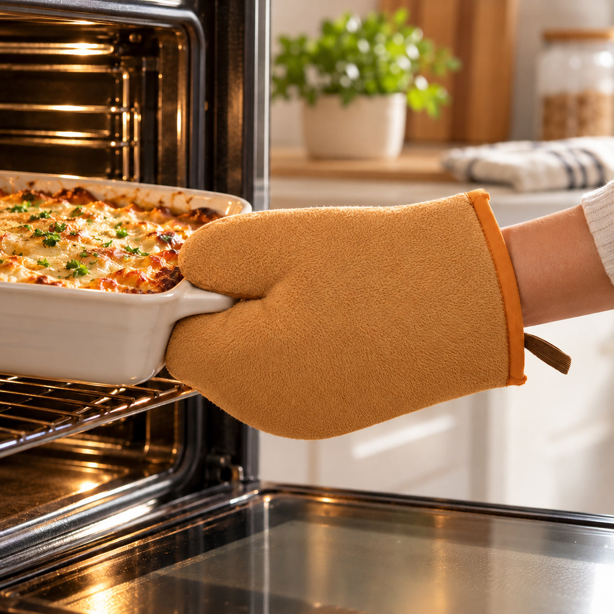 Reusable kitchen oven mitt with hanging loop 8