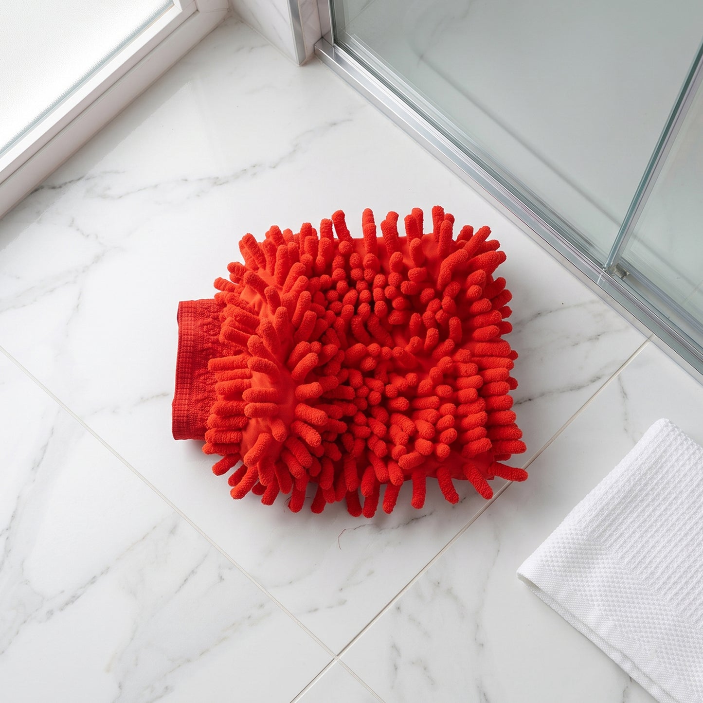 Red microfiber chenille wash glove displayed on a clean surface