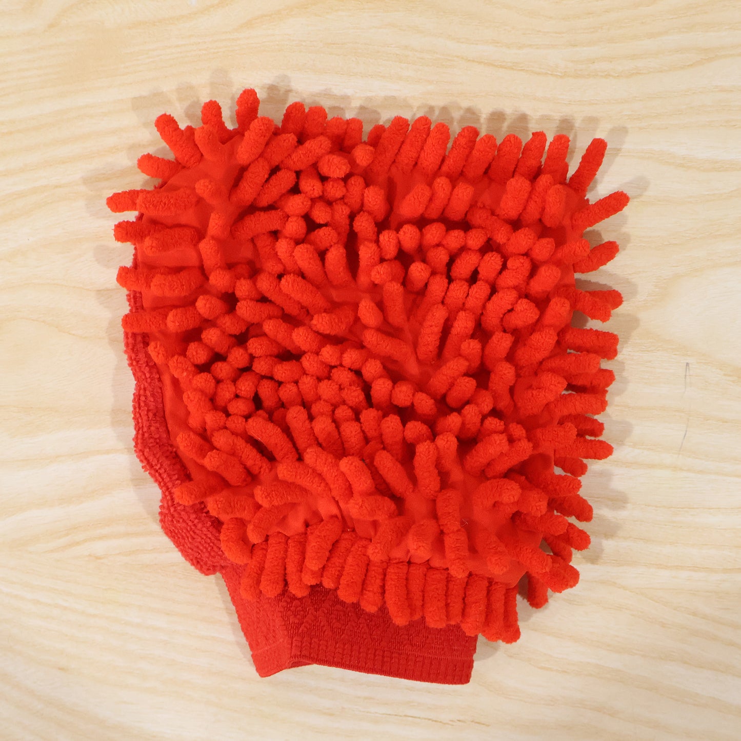 Live photo of red microfiber chenille wash glove