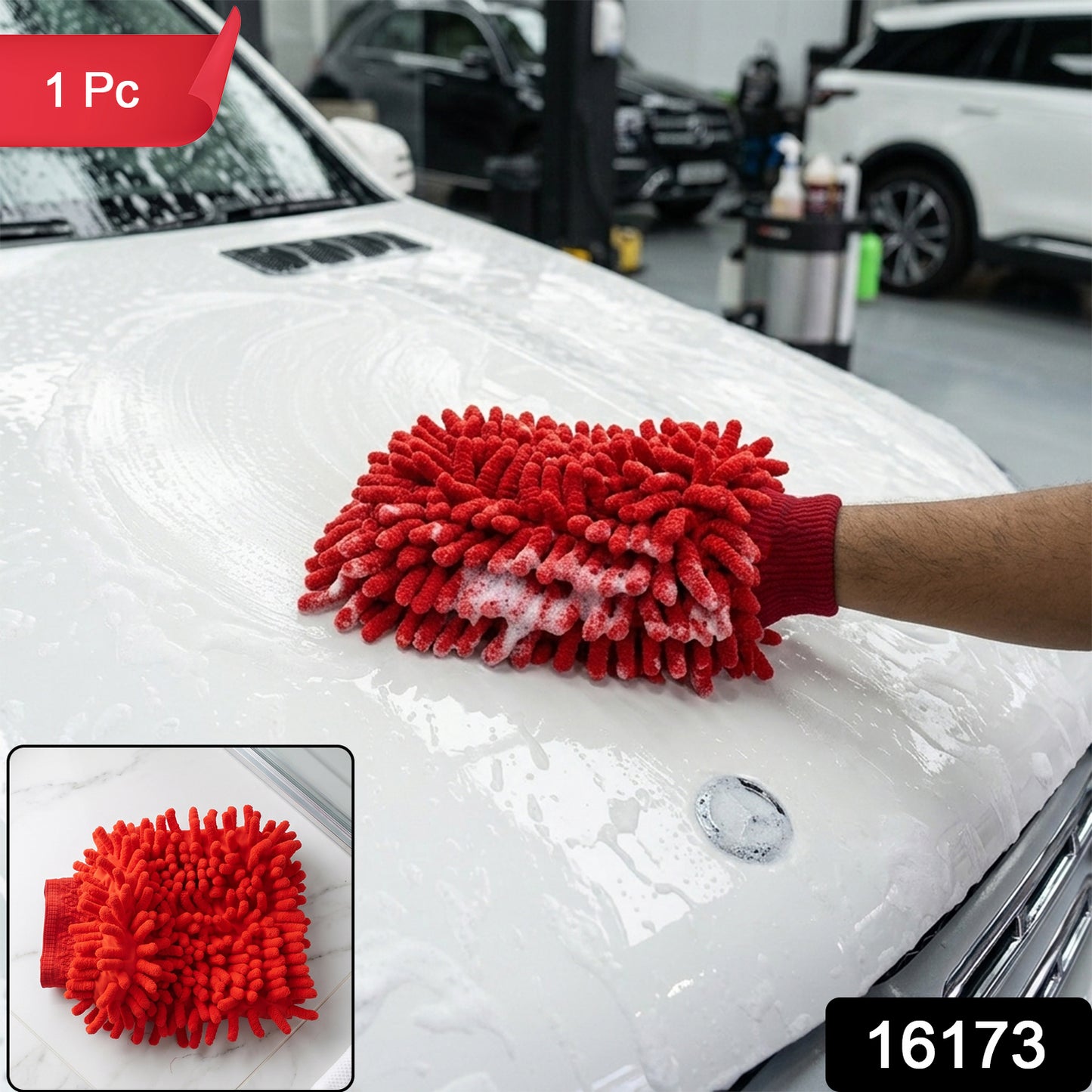 Red microfiber wash glove with 1 piece label and SKU 16173