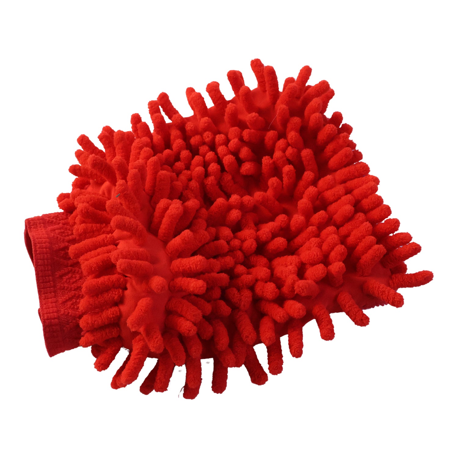 Red microfiber chenille wash glove isolated on white background