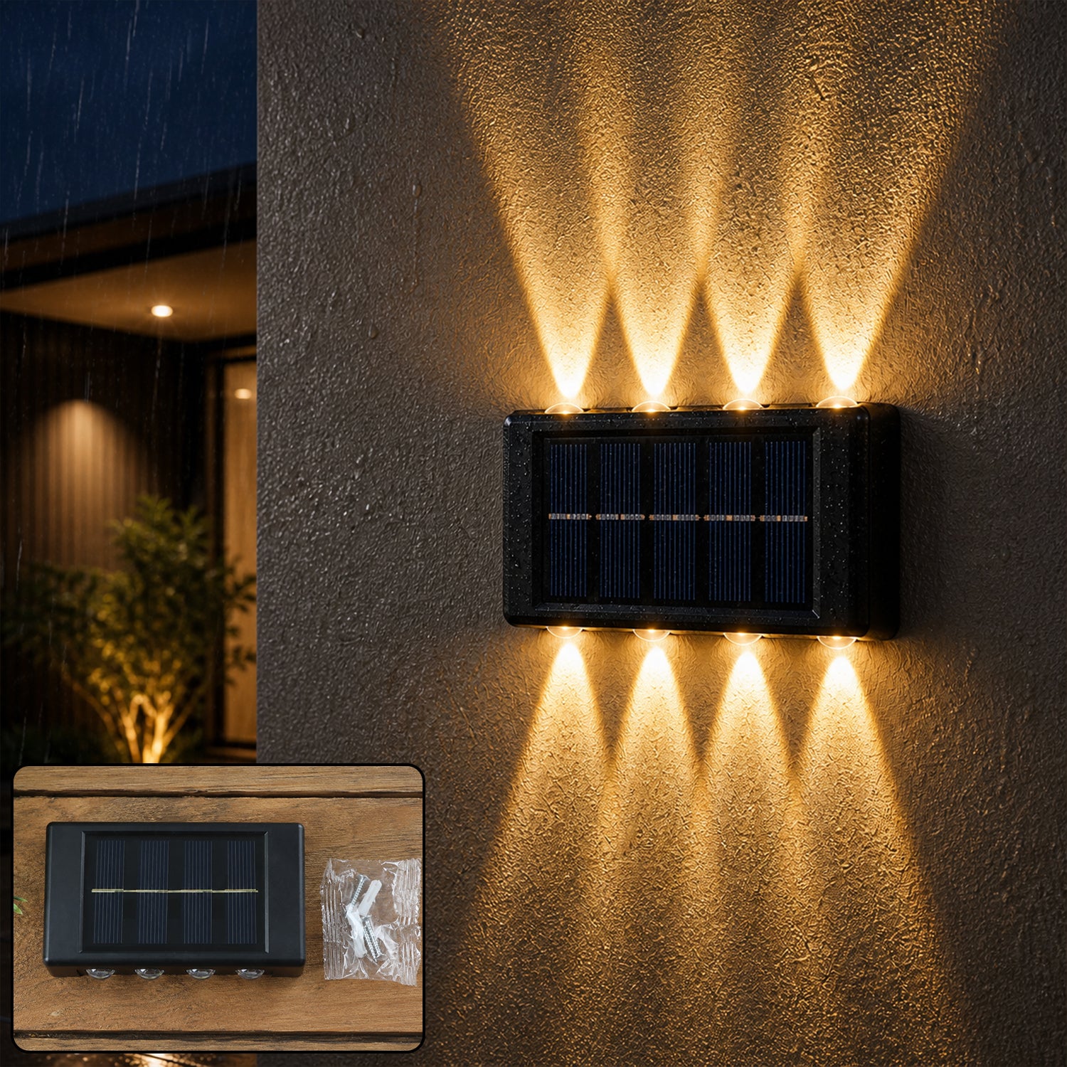 Solar wall fence light illuminated outdoors