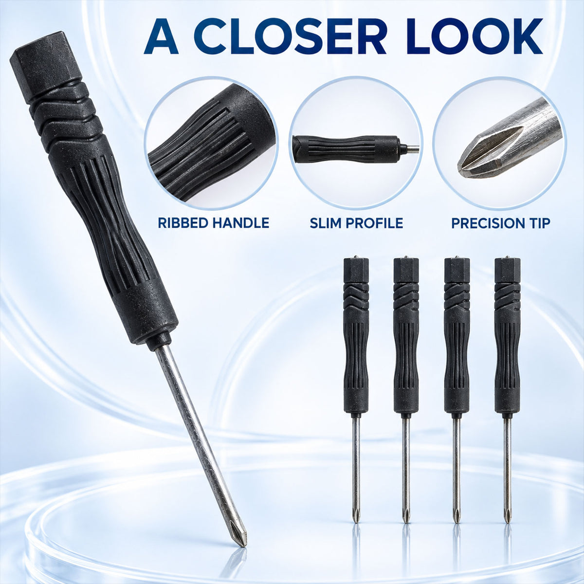 Precision screwdriver ribbed handle and slim tip details