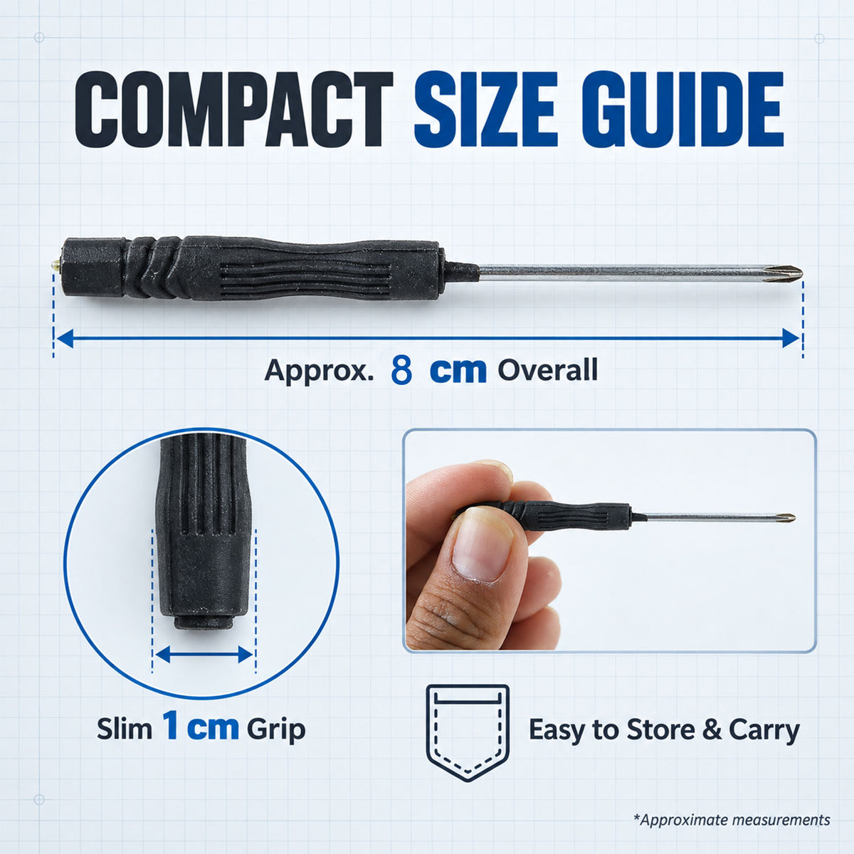 Screwdriver approximate overall length 8 cm and grip width 1 cm