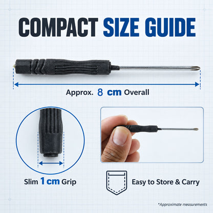 Screwdriver approximate overall length 8 cm and grip width 1 cm