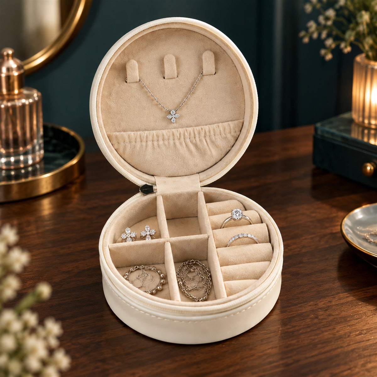 Round jewellery organizer with ring rolls and divided compartments - Jewellery_Organizer_1
