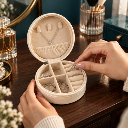 Round jewellery organizer with ring rolls and divided compartments - Jewellery_Organizer_2