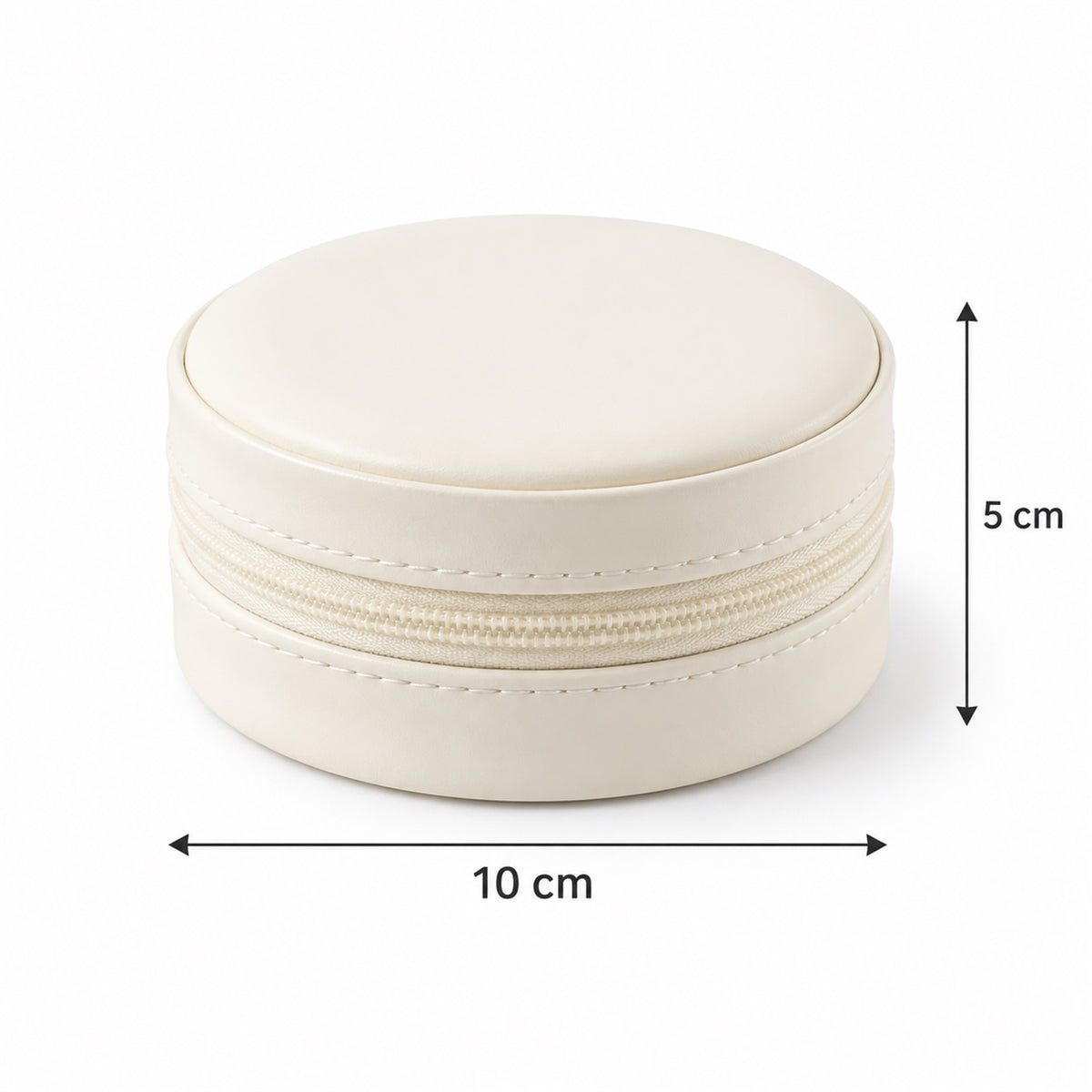 Round jewellery organizer size guide showing 10 cm diameter and 5 cm height