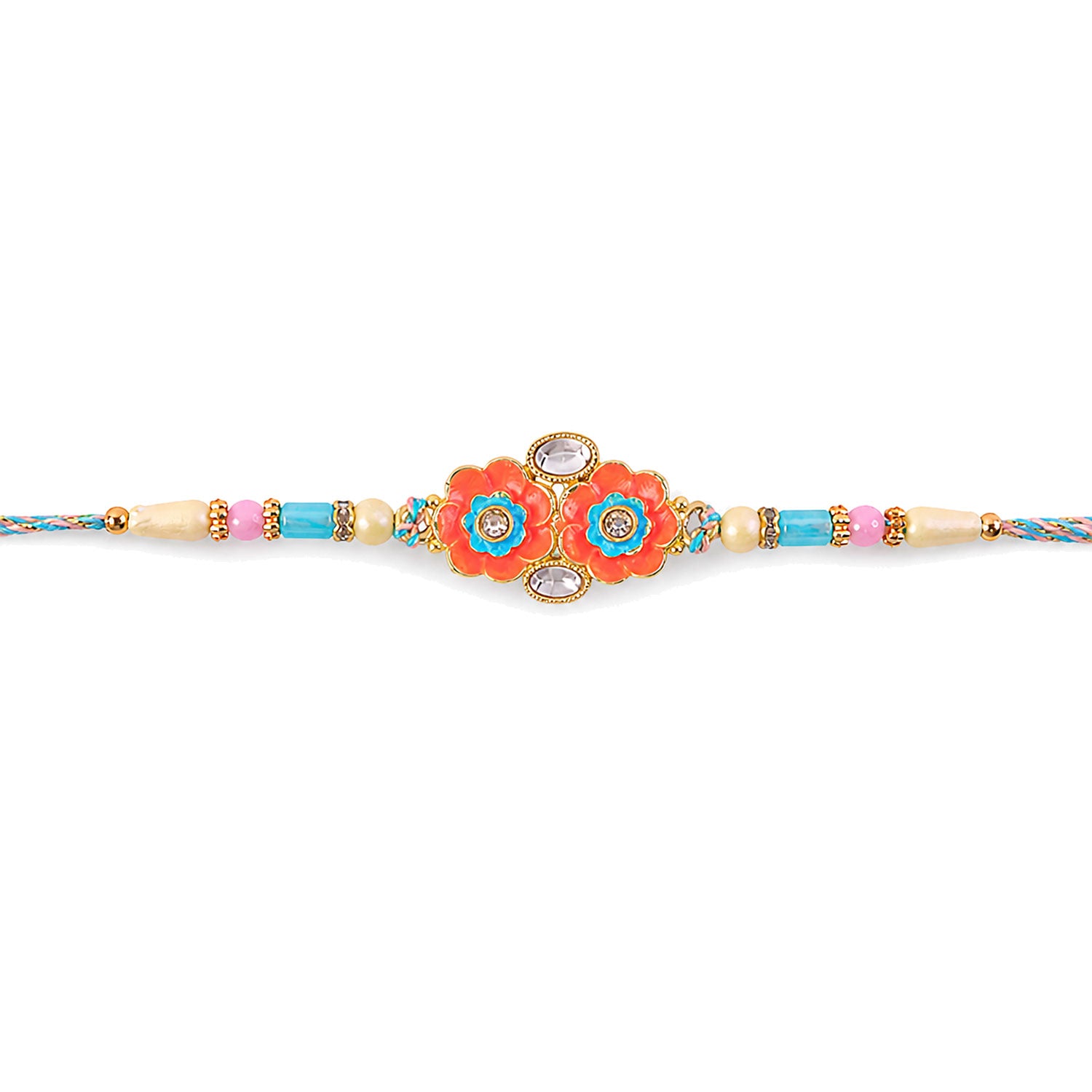 Ornate Rakhi with Butterfly Bloom Charm, multicolor stones and bead line for Gift Use