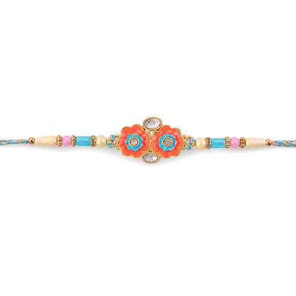Ornate Rakhi with Butterfly Bloom Charm, multicolor stones and bead line for Gift Use