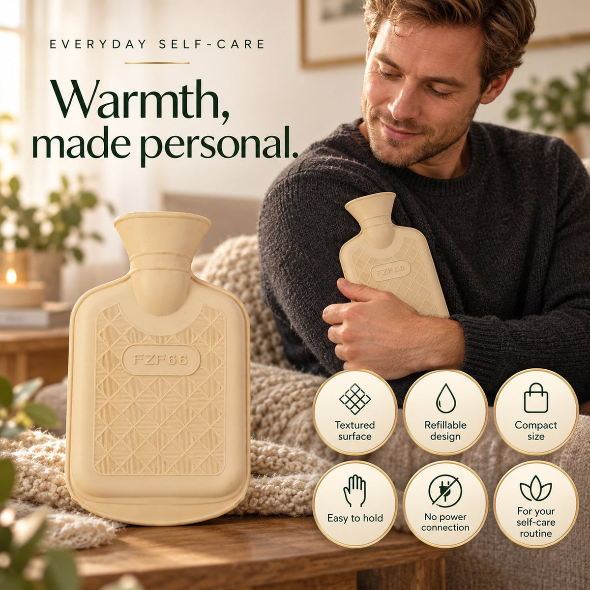 A man holds a cream hot water bottle, while another bottle sits on a wooden table with icons.