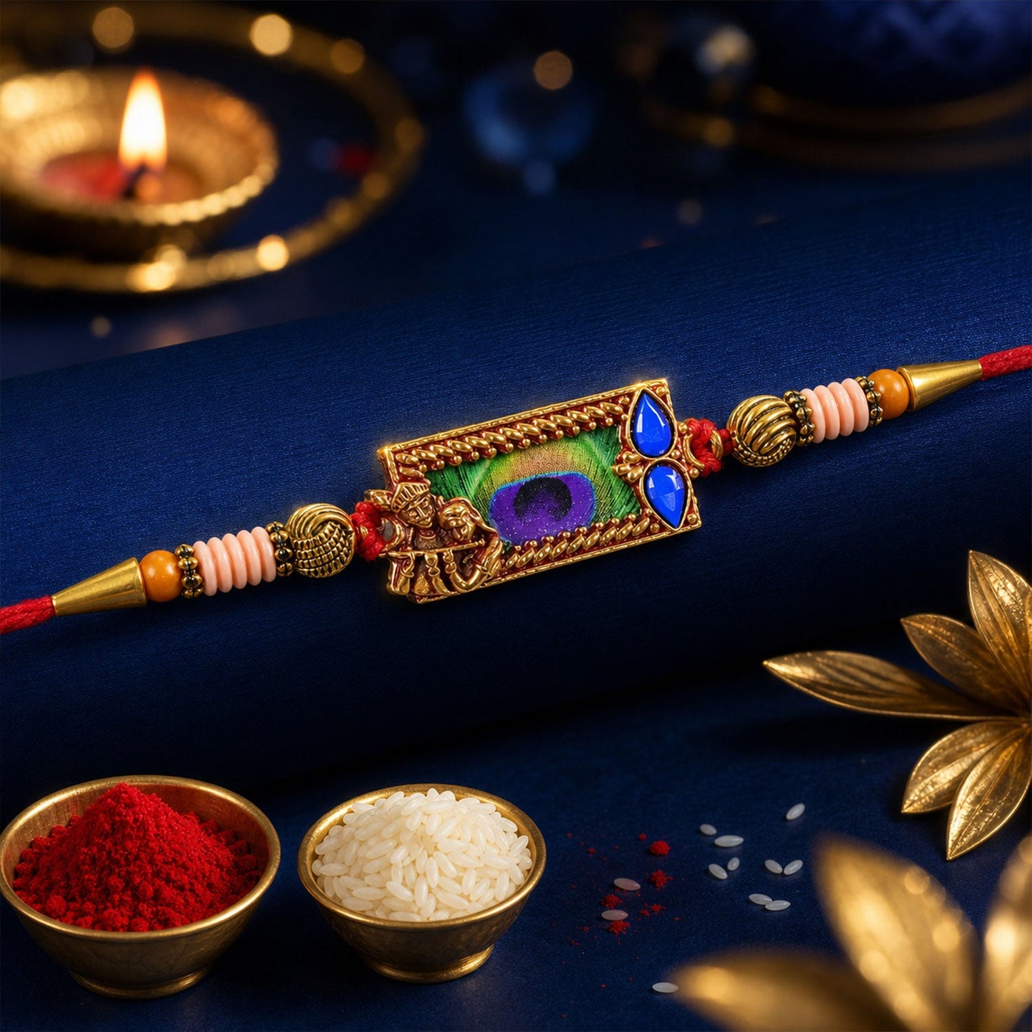 Side view of the Radha Krishna Rakhi showing its intricate thread work and embellishments.