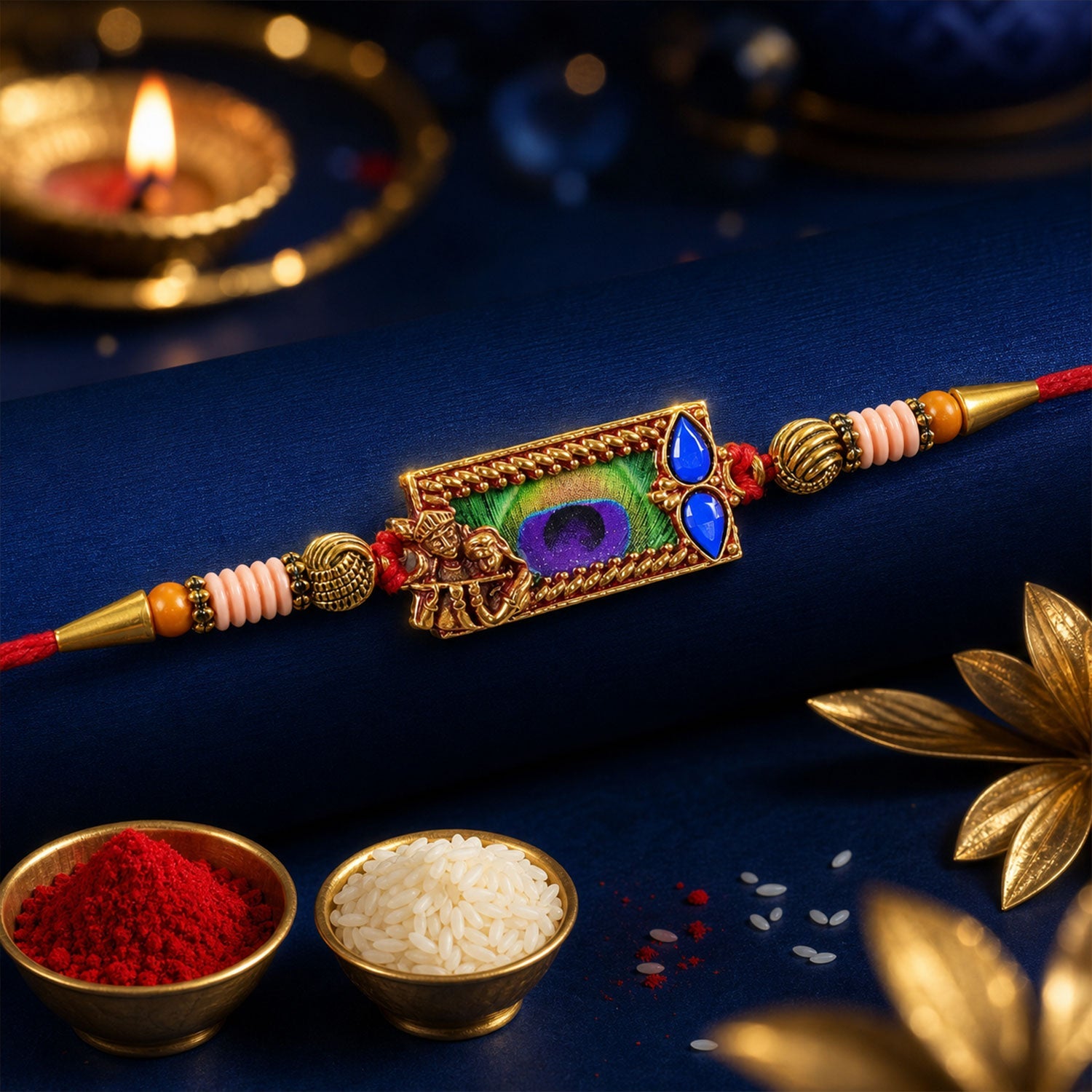 Side view of the Radha Krishna Rakhi showing its intricate thread work and embellishments.
