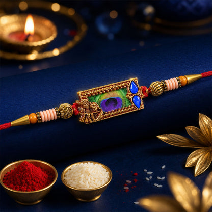 Side view of the Radha Krishna Rakhi showing its intricate thread work and embellishments.