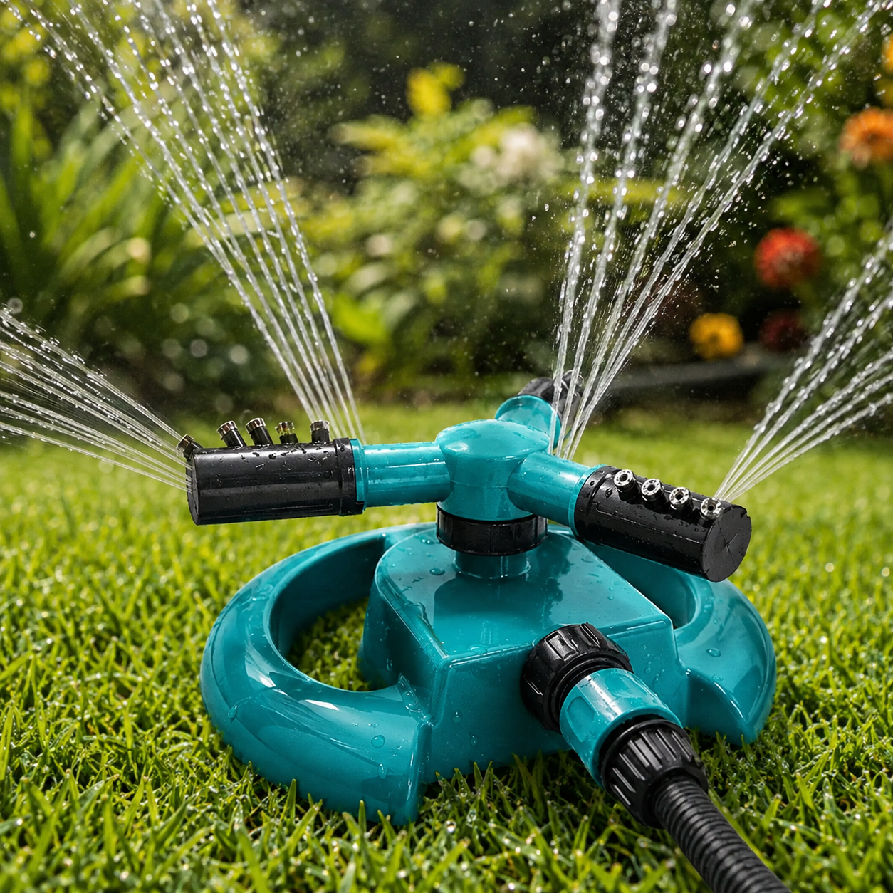 A teal and black rotating garden sprinkler waters a lush green lawn with multiple streams.