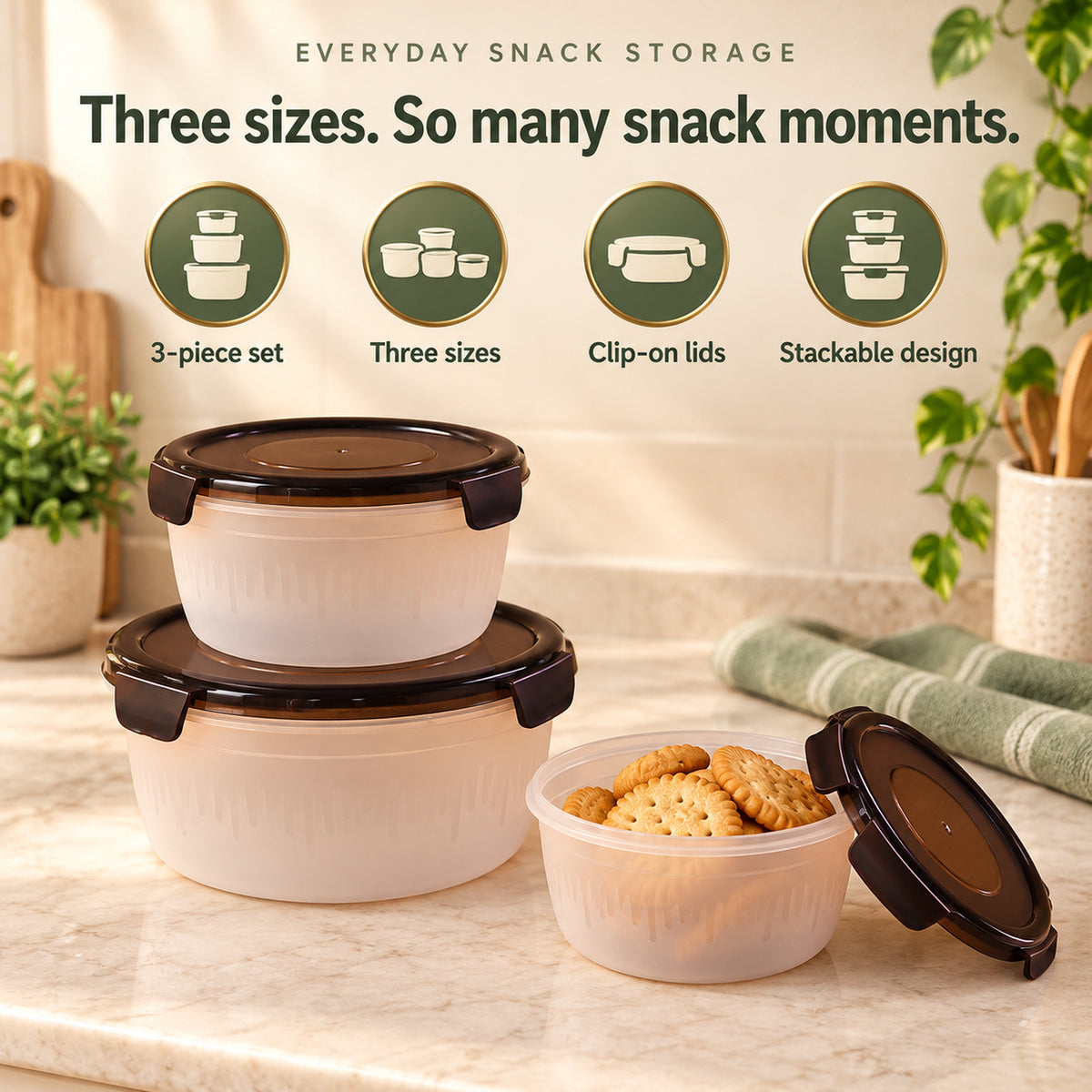 Magick Round Food Storage Containers with Clip-On Lids in Three Sizes (3 Pc)