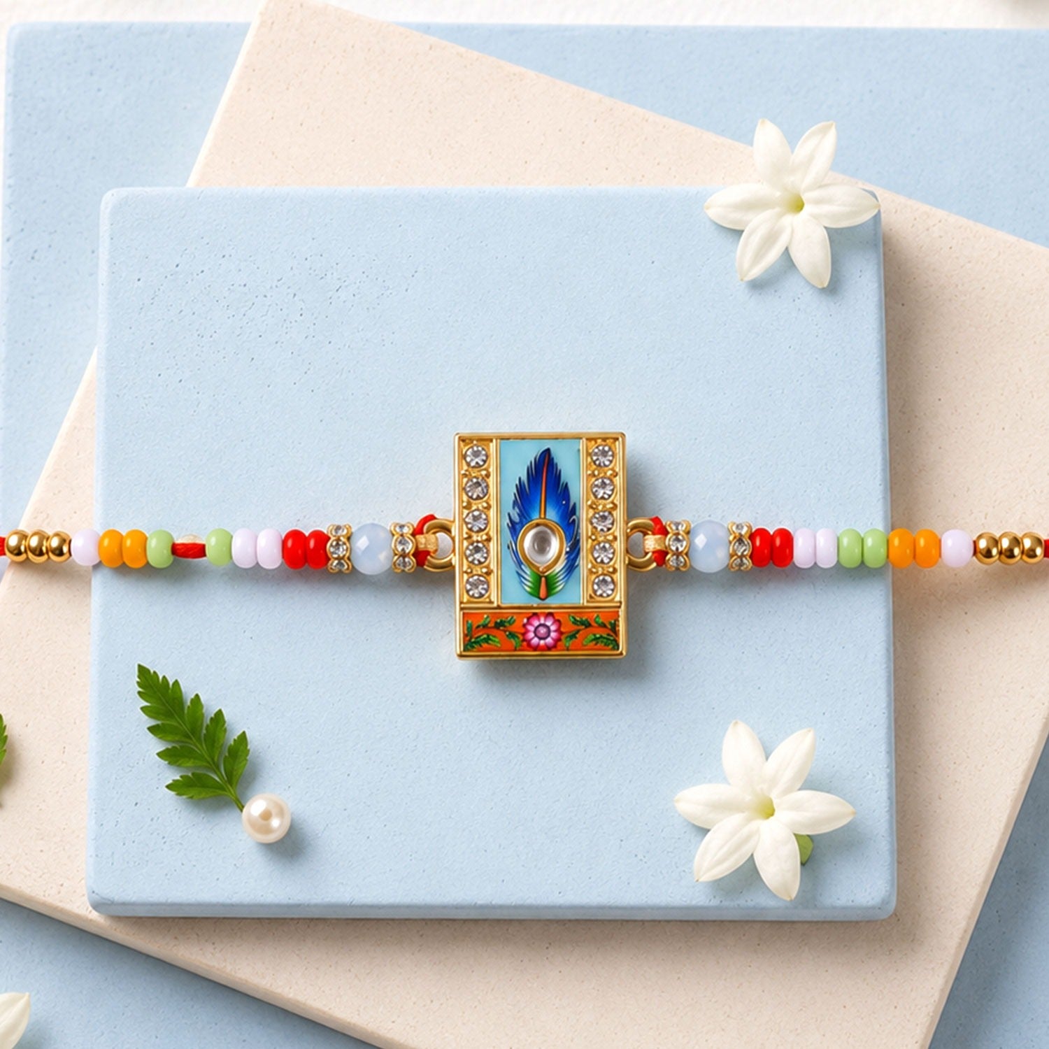 Mor Pankh Kundan Rakhi with beads on a white background, top view