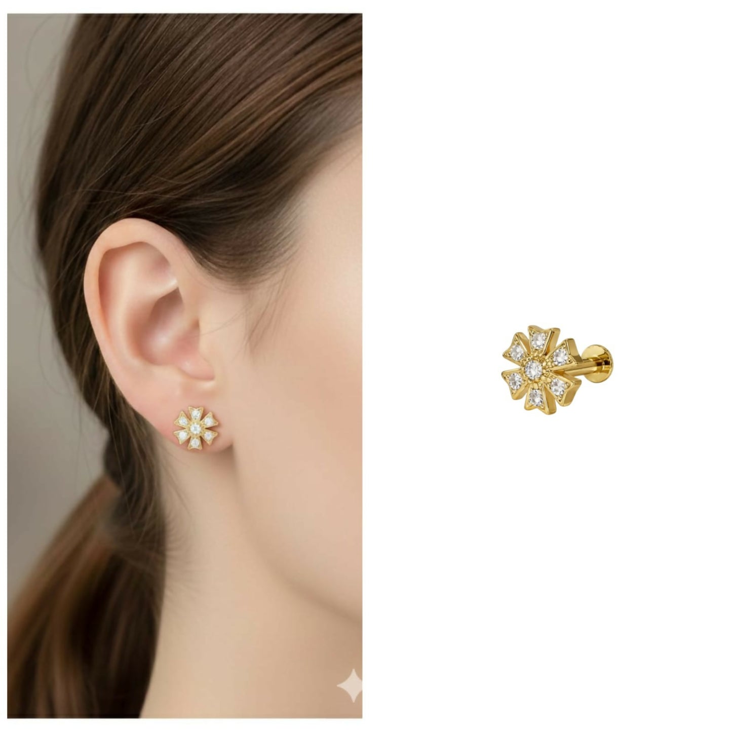 Pack of one floral gold plated flat back stud earring with intricate flower design
