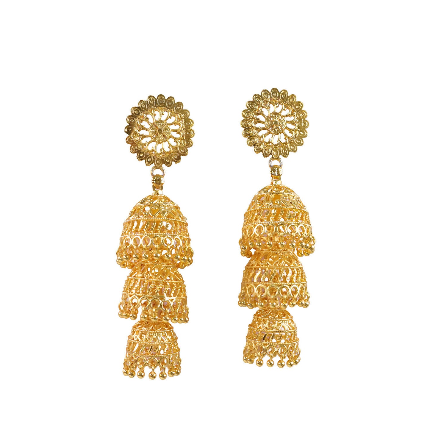 Long drop gold tone jhumka earrings on white background