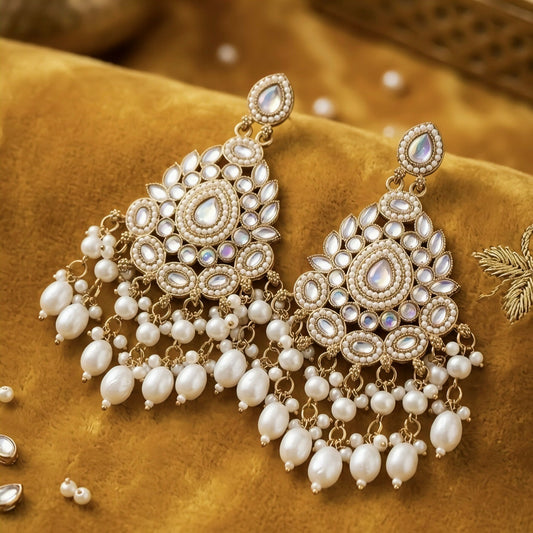 Exquisite Kundan & Pearl Drop Chandbali Earrings with Gold-Plated Finish