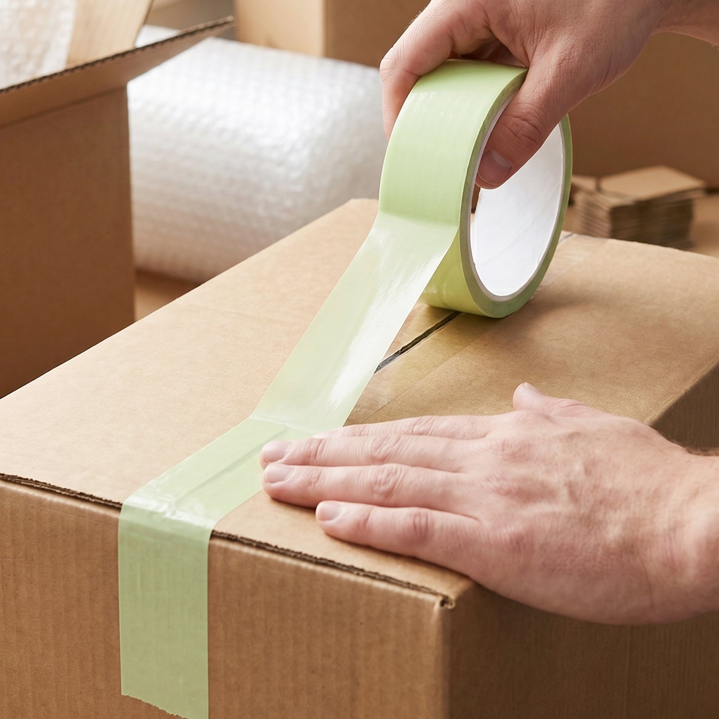 Adhesive tape roll sealing boxes in lifestyle scene