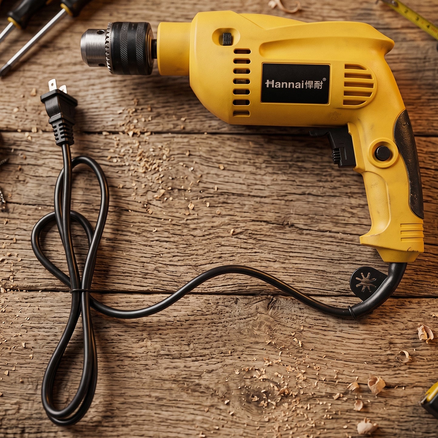 Yellow corded electric drill machine top view