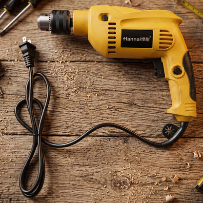 Yellow corded electric drill machine top view