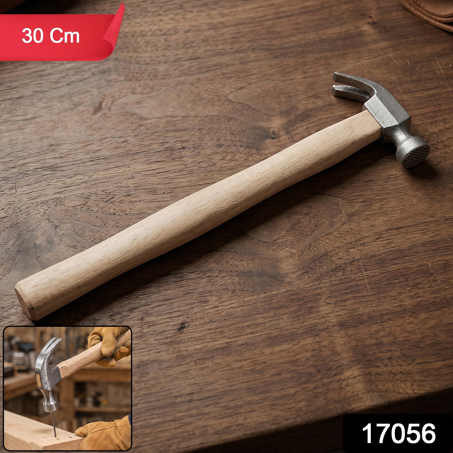 Claw hammer angled side view showing wooden handle
