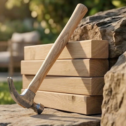 Hammer in use on wooden surface