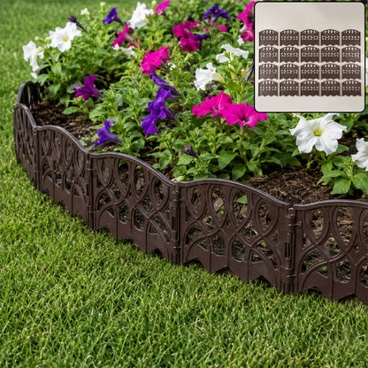 Plastic decorative garden fence border installed around flowers