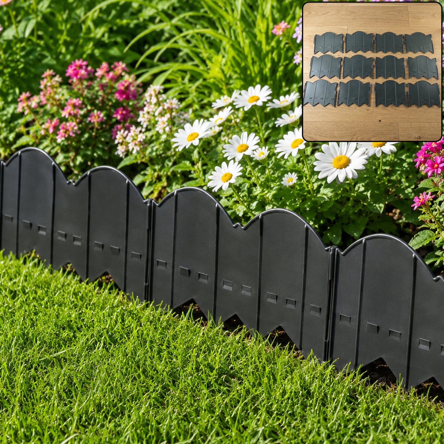 Plastic garden lawn edging border installed around flower bed