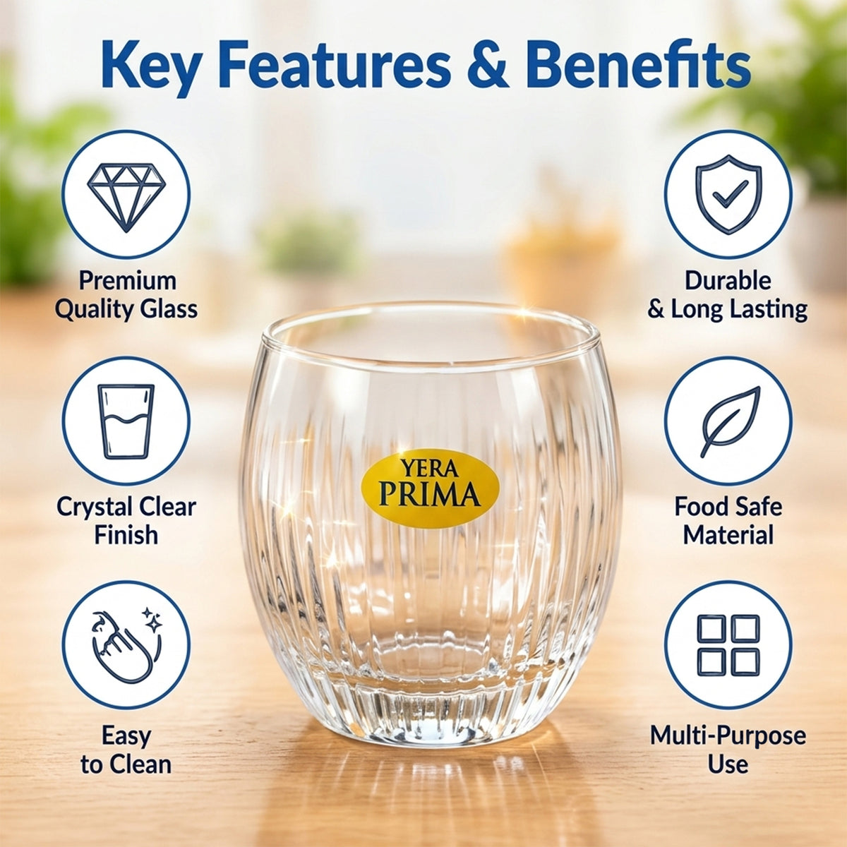 Yera Prima Naples Ribbed Glass Tumbler Set for Water and Juice (6 Pc)