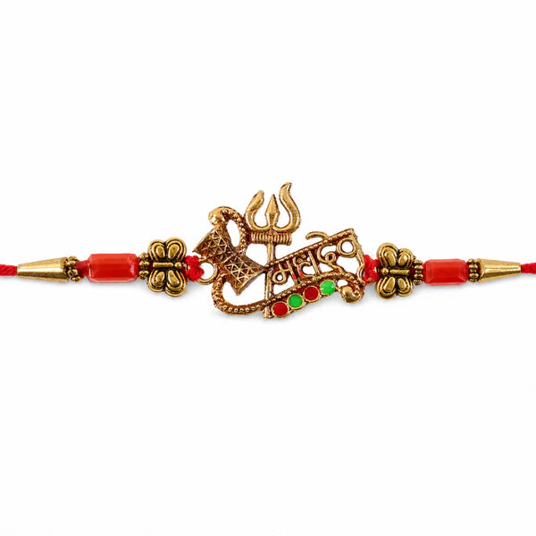 Multiple Shiv Rakhi Trishul Damru Design threads displayed for gifting.
