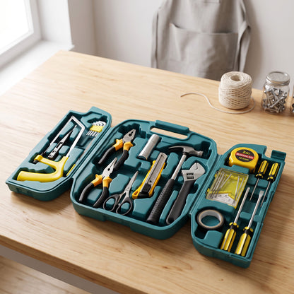 Open household repair tool set with organized compartments
