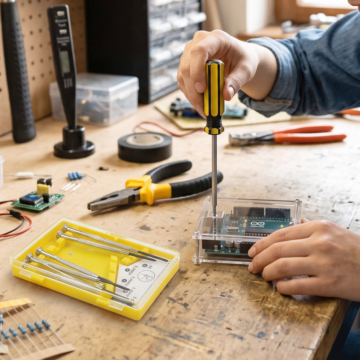Screwdriver and precision tools from repair kit in use