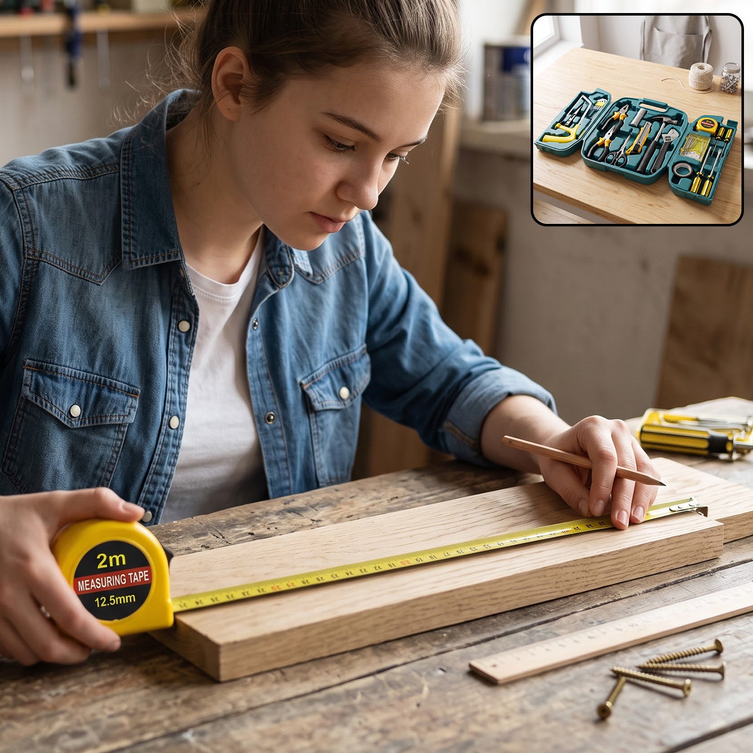 Measuring tape from home repair tool set in use