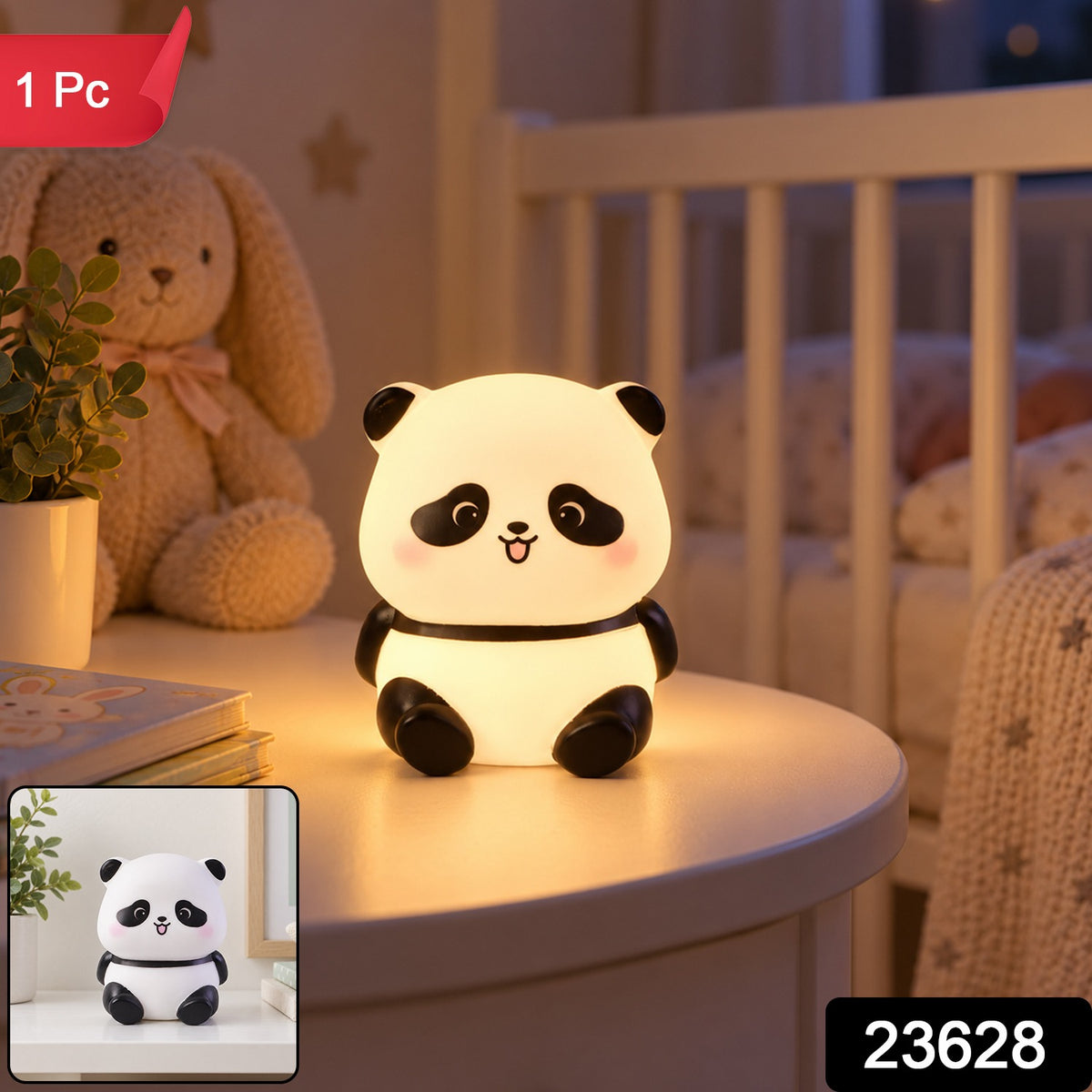 A glowing panda night light sits on a white bedside table with a small inset image of the light unlit.