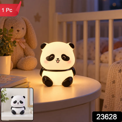 A glowing panda night light sits on a white bedside table with a small inset image of the light unlit.