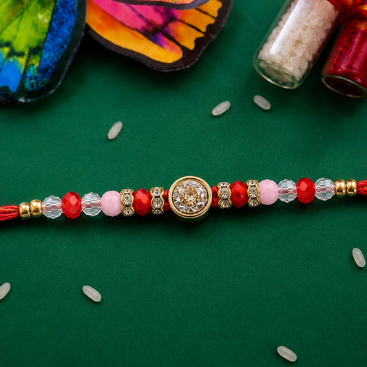 AD Round Flower Rakhi for Brother – Crystal Beads Gift Pack