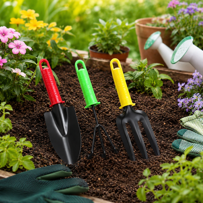A red trowel, green cultivator, and yellow fork stand upright in rich brown soil surrounded by green plants and flowers.