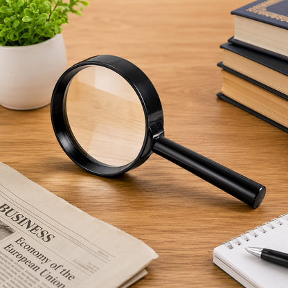 A black magnifying glass rests on a wooden desk next to a newspaper, a green plant, and stacked books.