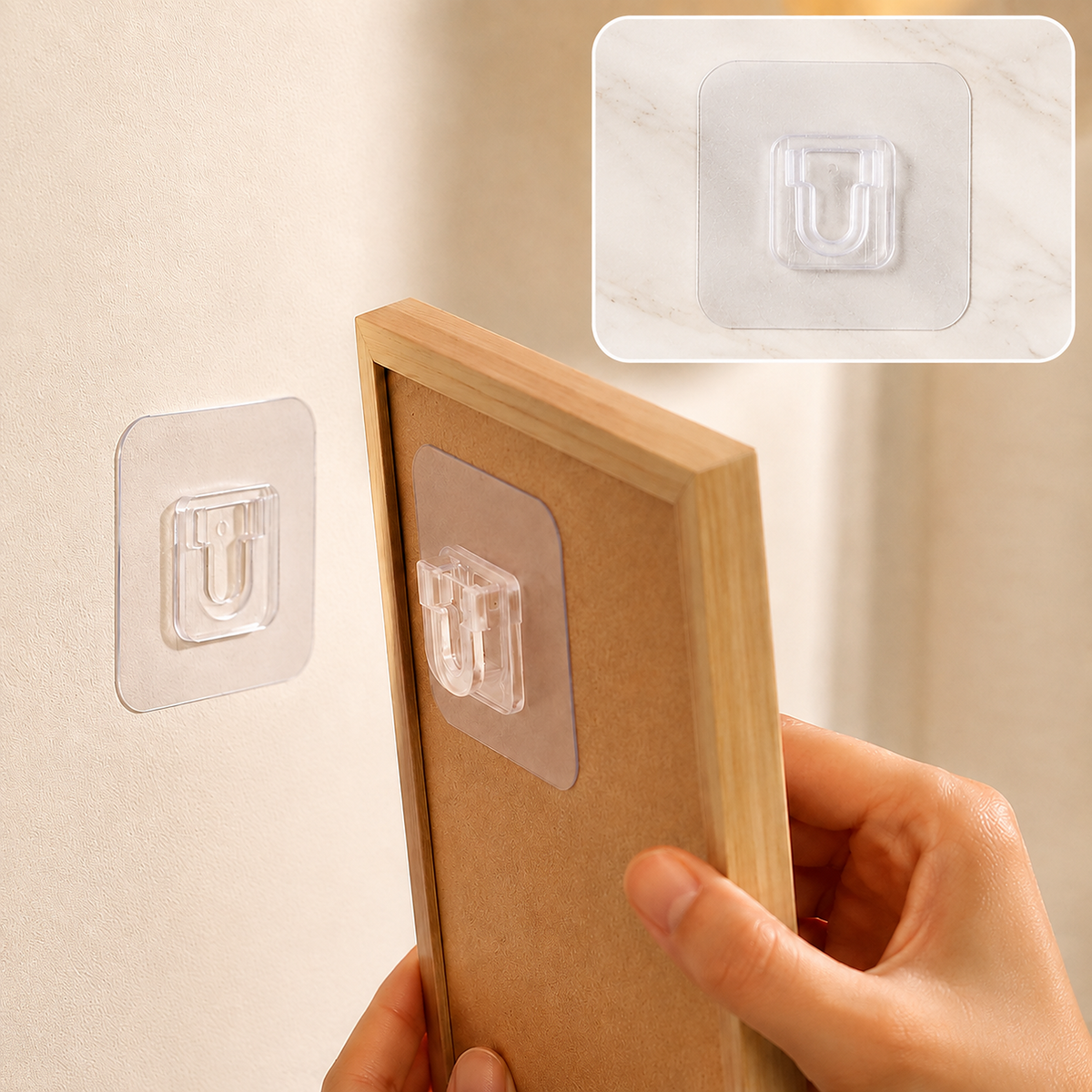 A hand holds a wooden frame, aligning its back with a transparent self-adhesive hook on a light wall.