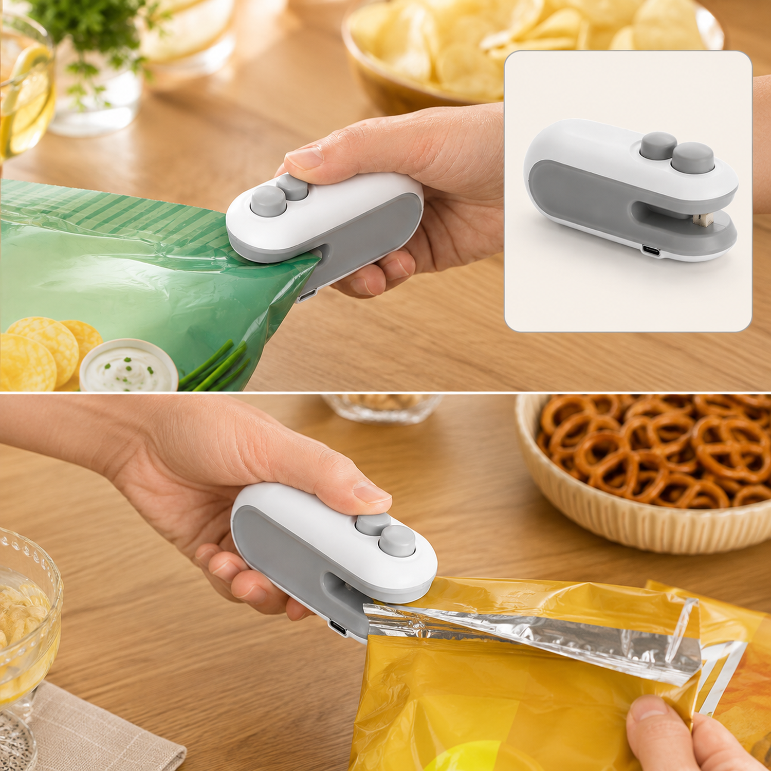 A person uses the white and grey bag sealer to seal a green bag of potato chips, with an inset showing the device alone.