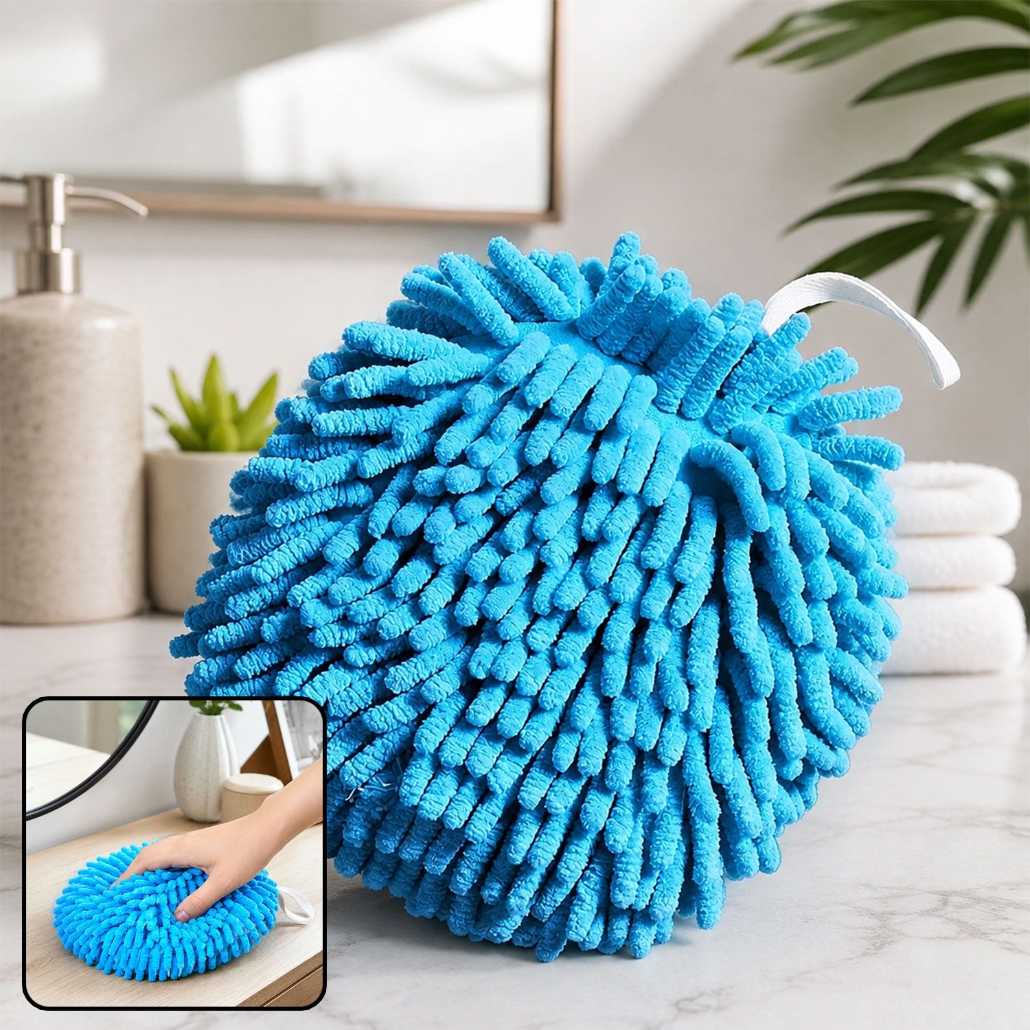 A blue microfiber cleaning ball with a white loop, shown on a bathroom counter with an inset of a hand pressing it.
