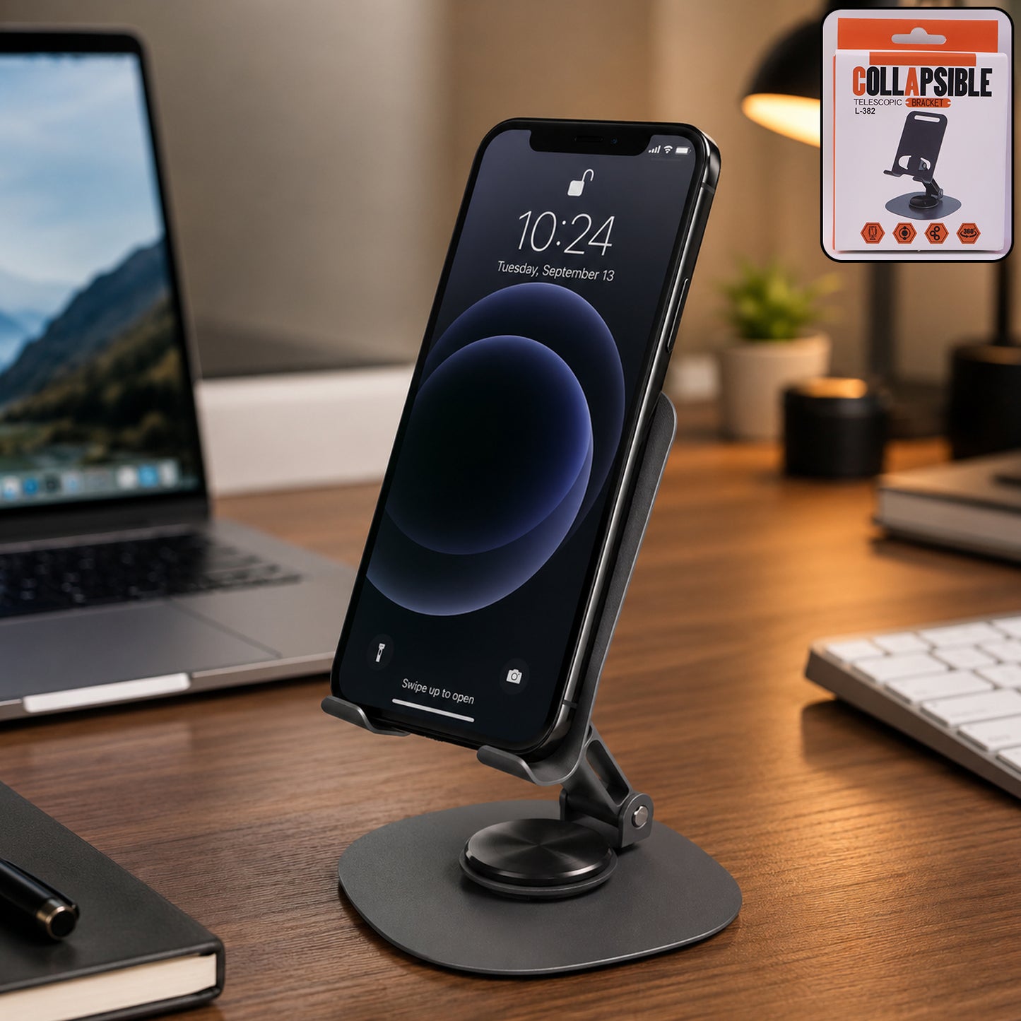 Foldable metal mobile stand showing 360° rotation feature