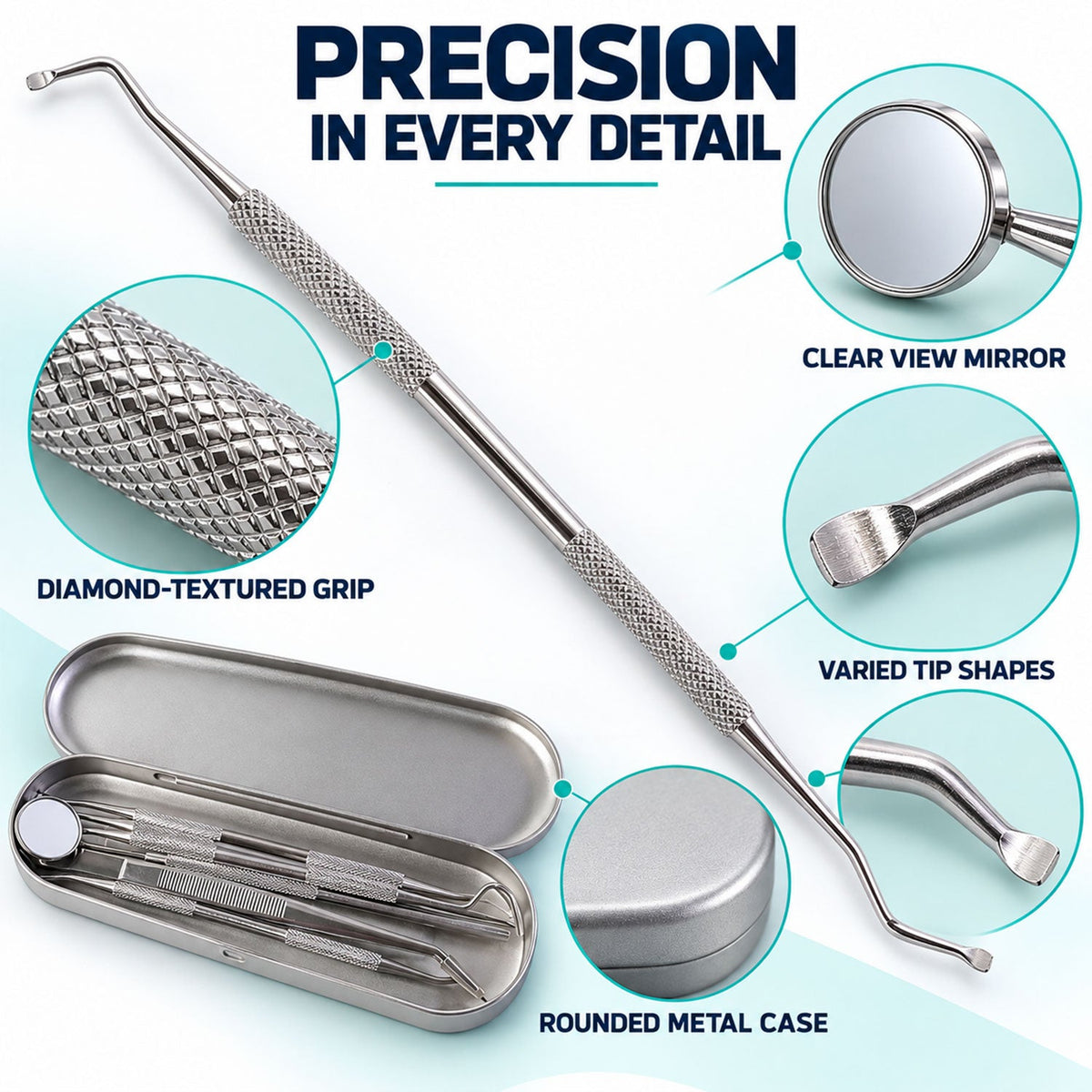 A close-up of a double-ended dental tool, showing its diamond-textured grip and varied tip shapes, with the case and mirror