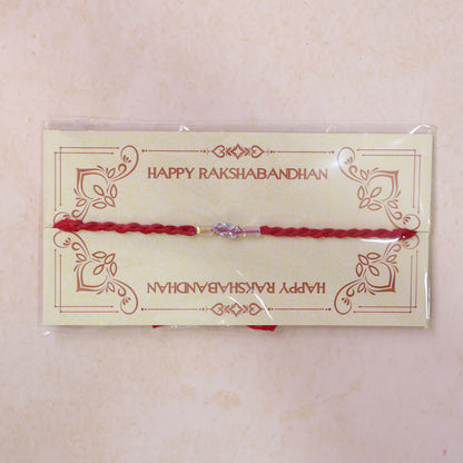 Red Thread Rakhi with Pink and Clear Crystal Bead Pendant Accents