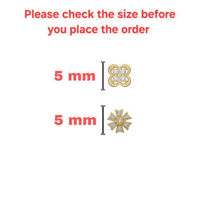 Gold pleated floral stud earrings worn on ear showing delicate shine