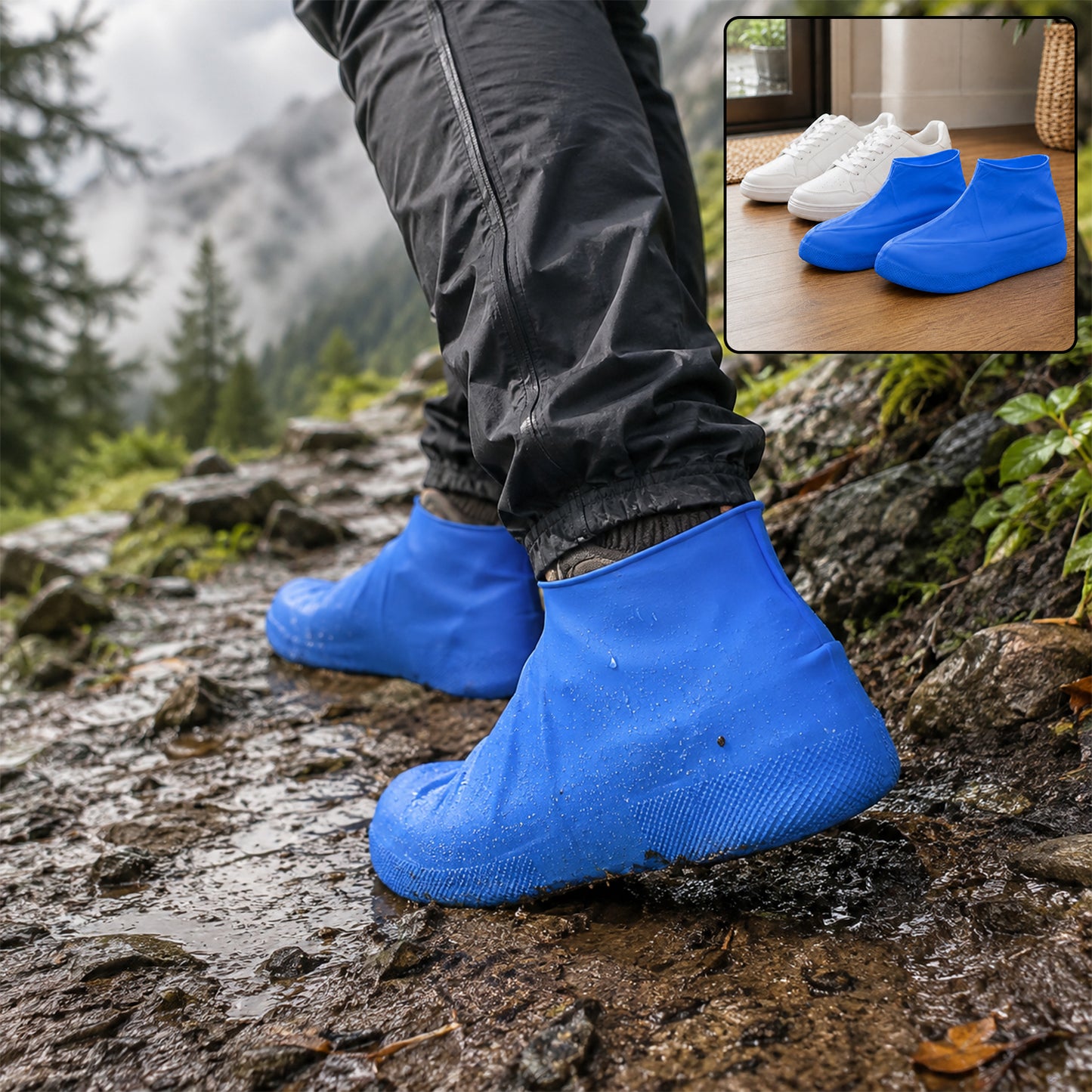 A person wearing black pants and blue latex shoe covers walks on a rocky, wet trail with trees in the background.
